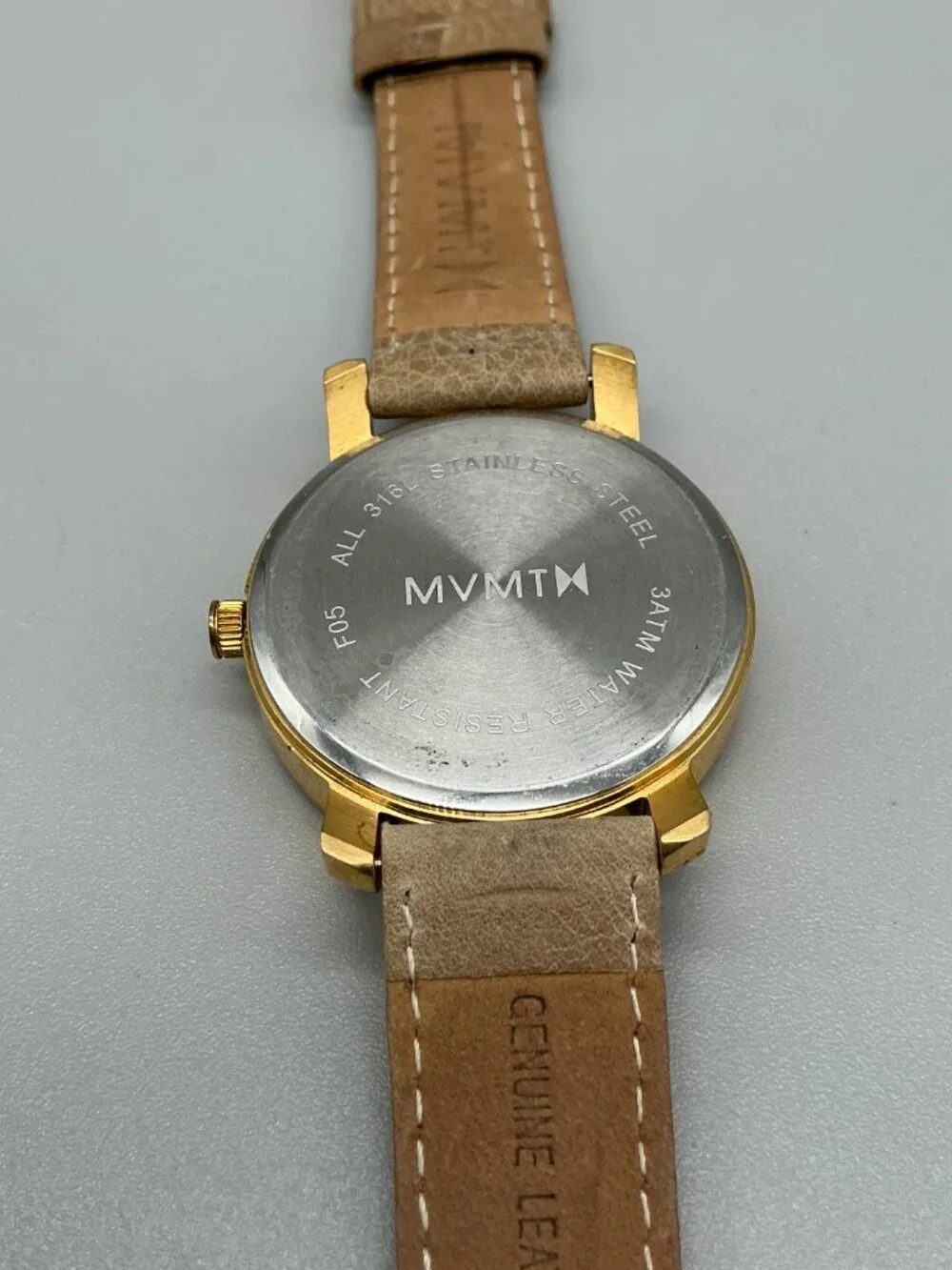 MVMT Gold Pearl Womens Watch 38mm MOP Dial Gold Tone Leather Date New Battery